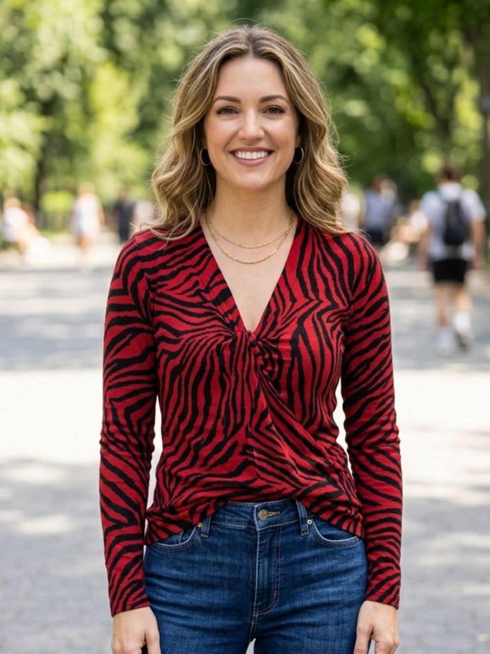 CAbi Feline Tee- Red and Black Zebra-Print Twist-Front Long Sleeve Top